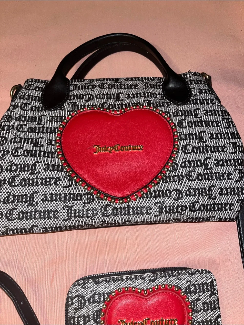 Juicy Couture Black & White Logo Satchel with Red Heart Accent & Wallet